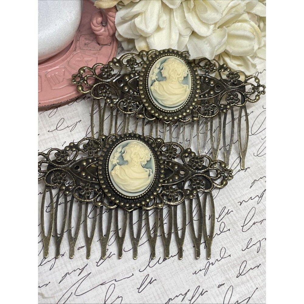 Pair Bronze Barrette Jewelry Hair Combs Cameo Wedding Greek Goddess Viking Gift